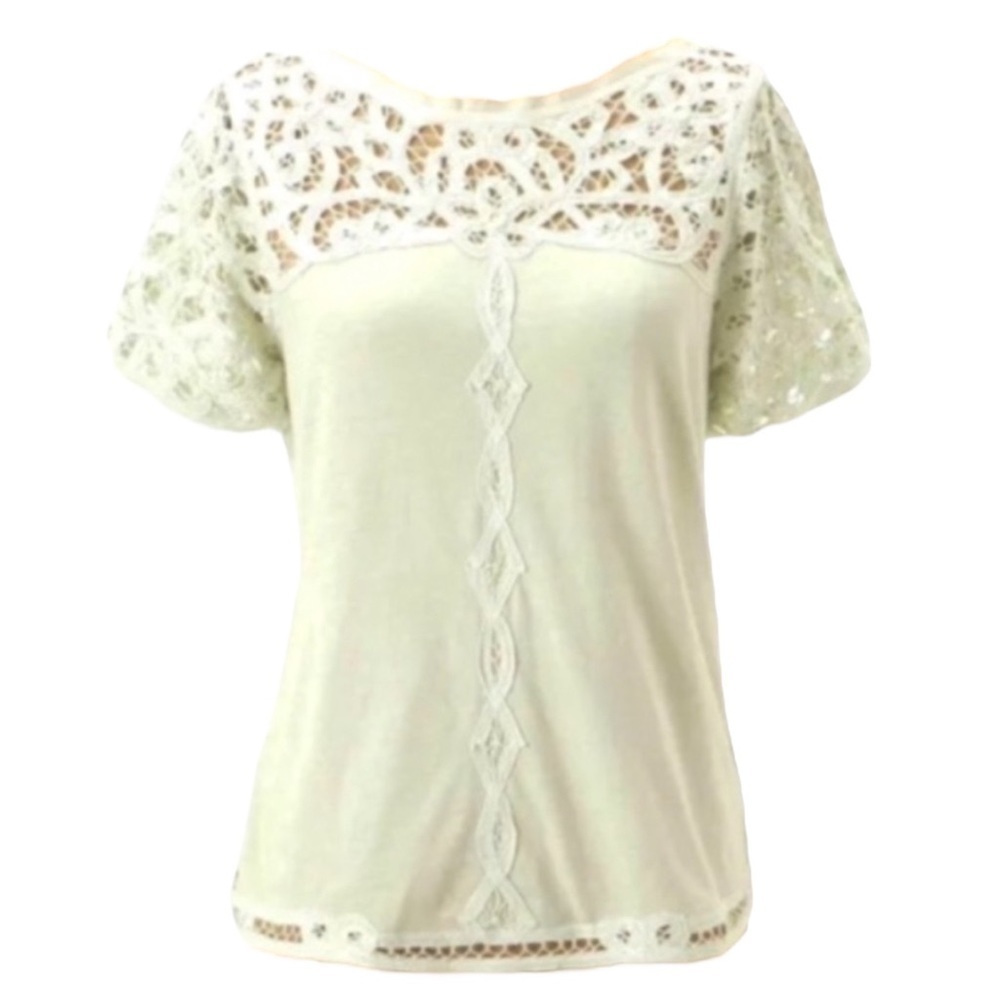 Anthropologie Lace Topped Tee XSmall 0 2 Light Green Cotton Grosgrain Trim Top